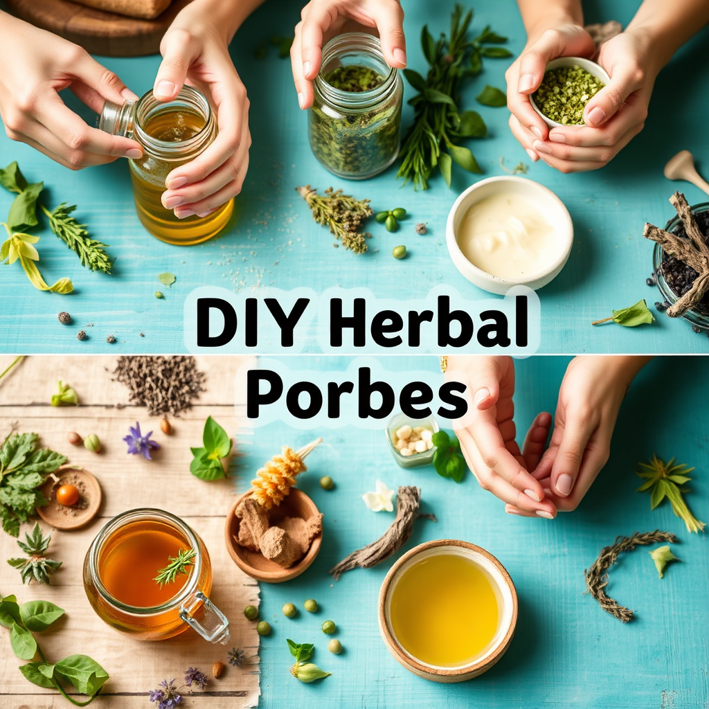 A bright and cheerful image of various DIY herbal projects in progress. Focus on the hands creating herbal teas, salves, and other remedies. The composition should be visually appealing and showcase the fun and creativity involved in herbal product creation. Use vibrant colors and playful elements to create an engaging and inviting scene.