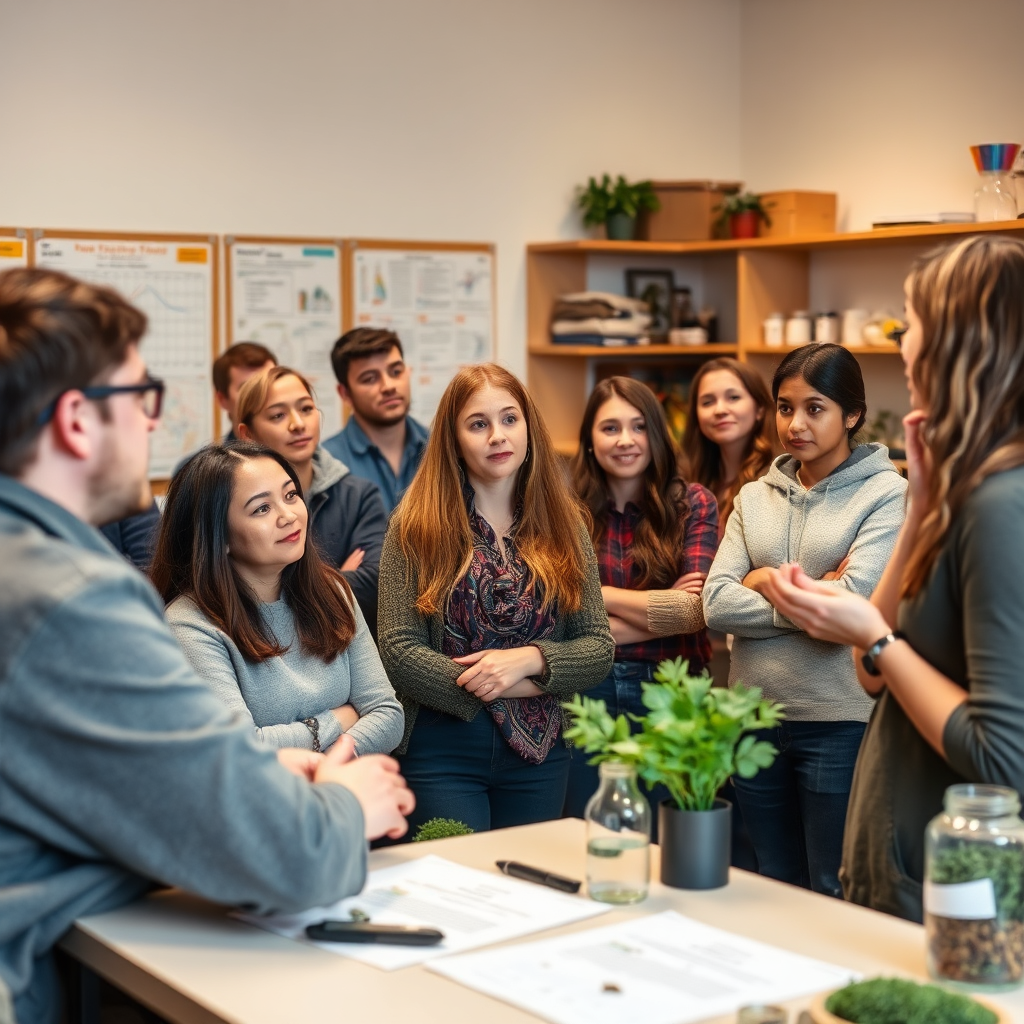 A group of students attentively listening to an herbalism instructor in a well-equipped classroom. Focus on the engagement and enthusiasm of the students as they learn about the power of plants. The background should feature elements like charts, diagrams, and samples of herbs. Use warm, inviting lighting to create a sense of community and learning.
