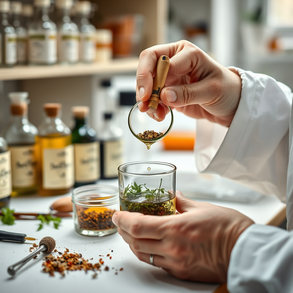 A photorealistic close-up shot of a skilled herbalist's hands meticulously measuring ingredients for an herbal tincture in a well-lit laboratory setting. Focus on the precision and care involved in the process, emphasizing the blend of science and art. Use soft, diffused lighting to highlight the textures of the ingredients and the clarity of the glassware. Background should subtly show labeled bottles and various apothecary tools.