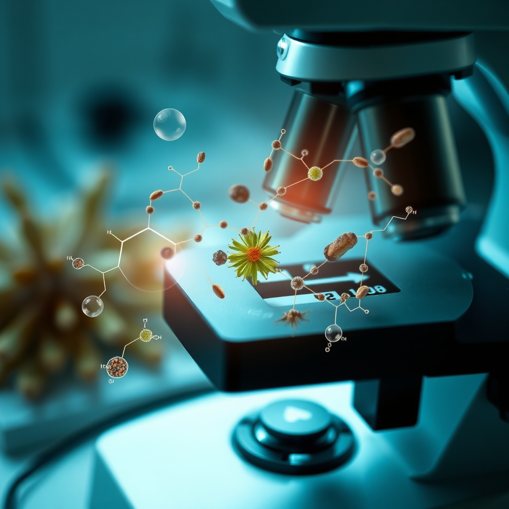 A photorealistic image of a microscope focused on the cellular structure of a medicinal plant, with abstract representations of chemical compounds overlaid. The image should convey a sense of scientific discovery and the hidden complexities of herbal medicine. Use a cool color palette and dramatic lighting to create a visually engaging and informative composition.