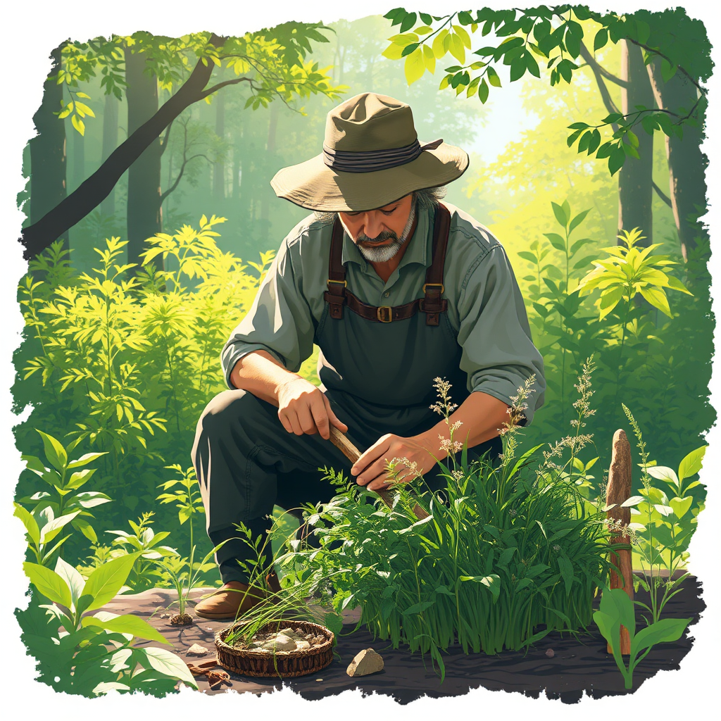 A stylized image of an herbalist carefully harvesting herbs in a lush, sun-dappled forest. The scene emphasizes sustainability, with the herbalist using traditional tools and respecting the natural environment. The composition should evoke a sense of harmony between humans and nature. Consider a slightly painterly style to convey the beauty and importance of responsible sourcing.