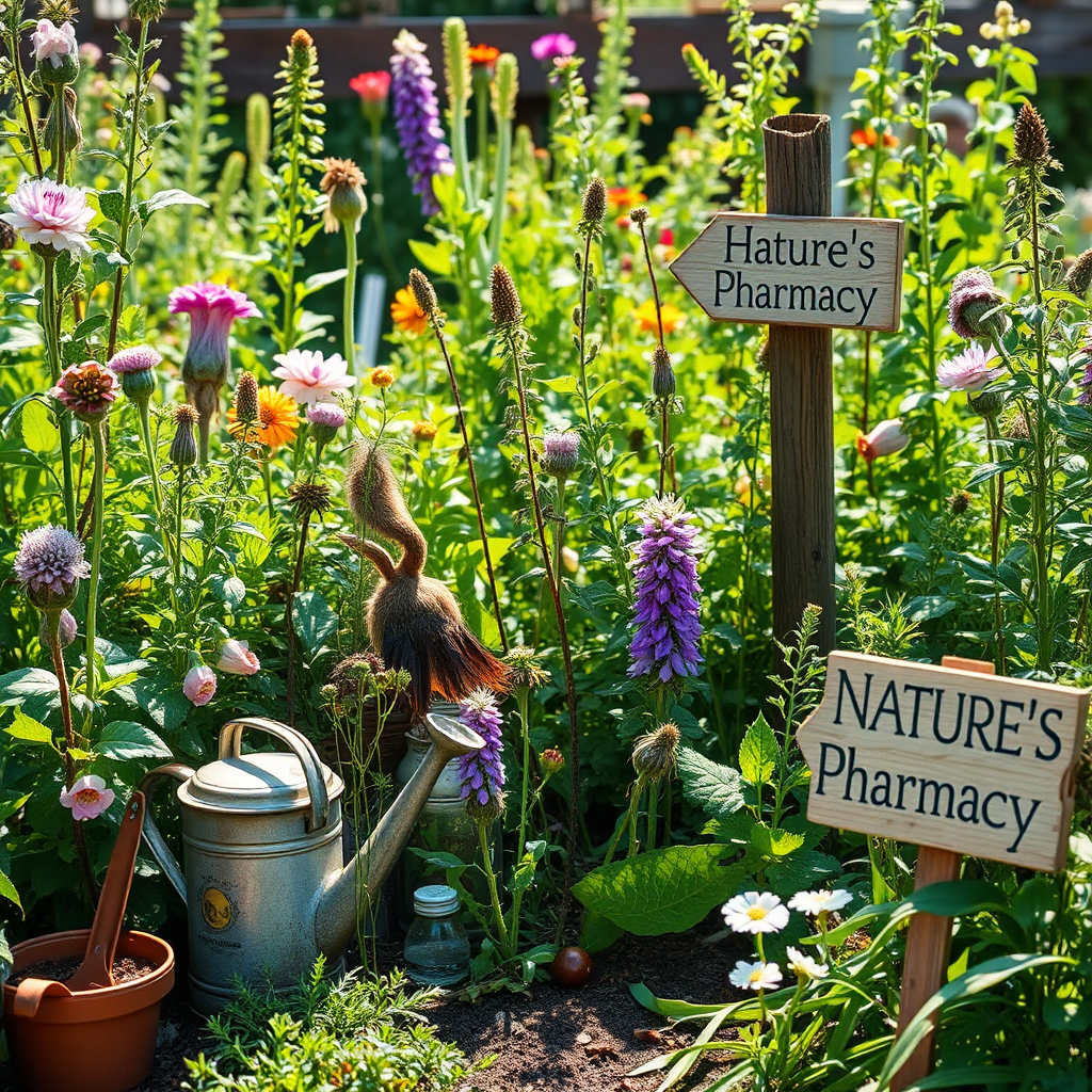 A vibrant and inviting image of a thriving herbal garden, bursting with medicinal plants. Focus on the variety of textures and colors, showcasing the beauty and abundance of nature's pharmacy. Incorporate elements like a watering can, garden tools, and a sign indicating the garden's purpose. Use warm, natural lighting to create a sense of warmth and vitality.