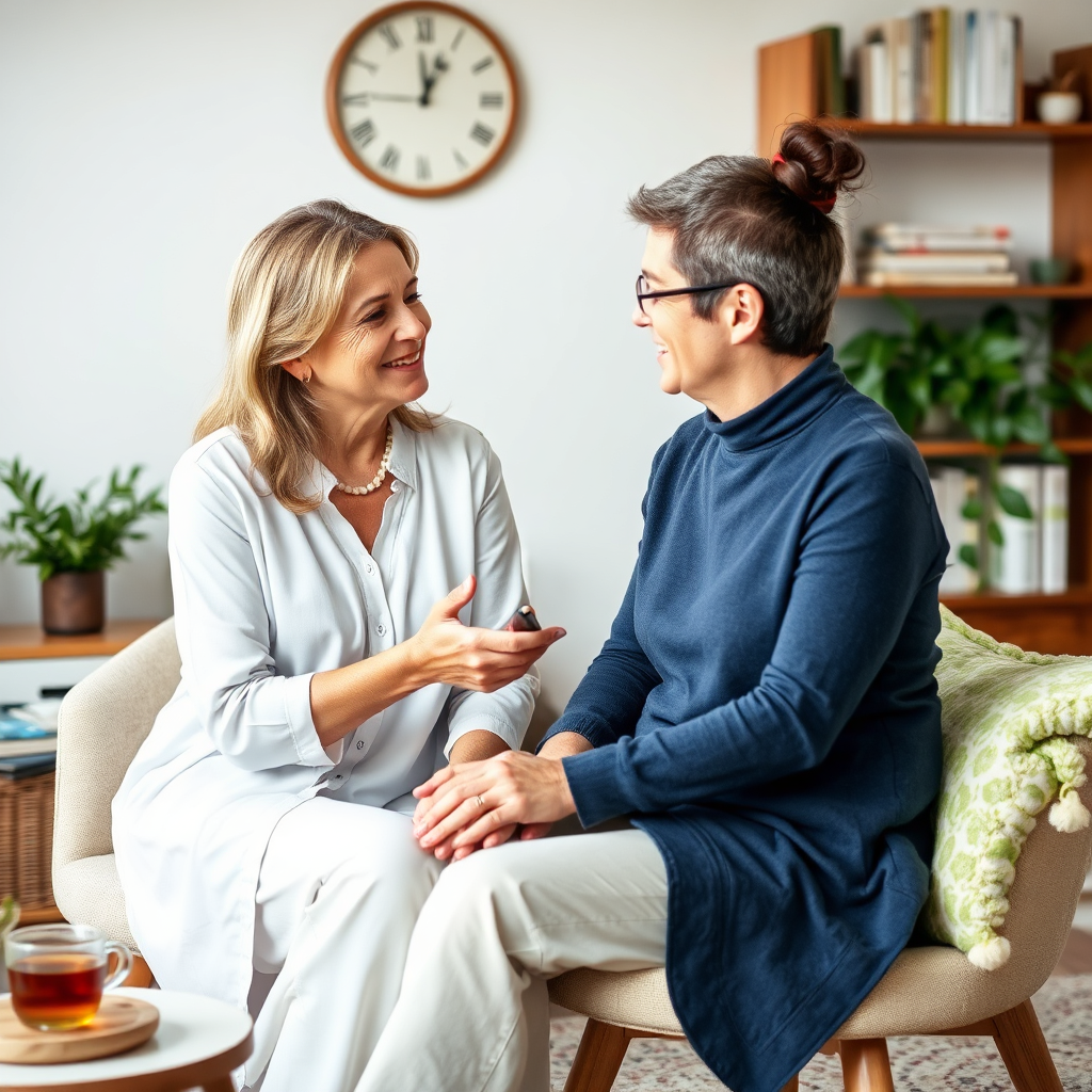 A warm and supportive image of an herbalist coaching a client in a peaceful setting. Focus on the connection and trust between the two individuals, emphasizing the personalized nature of the coaching process. The background could feature elements like herbal teas, books, and a comfortable chair. Use soft, diffused lighting and a calming color palette to create a sense of tranquility and well-being.