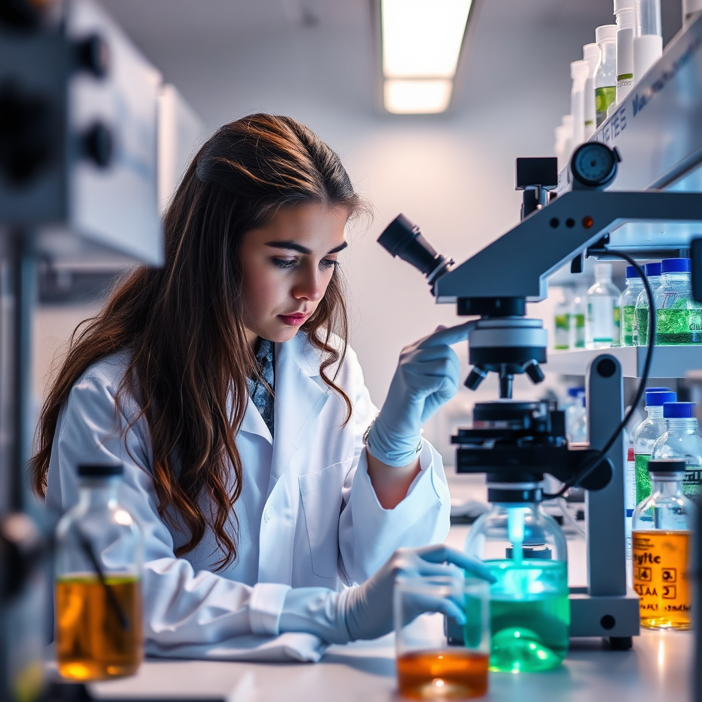 An advanced herbalism student conducting research in a laboratory setting, using sophisticated equipment to analyze herbal extracts. The image should convey a sense of scientific rigor and the cutting-edge nature of herbal research. Use a cool color palette and dramatic lighting to create a visually striking and informative composition.