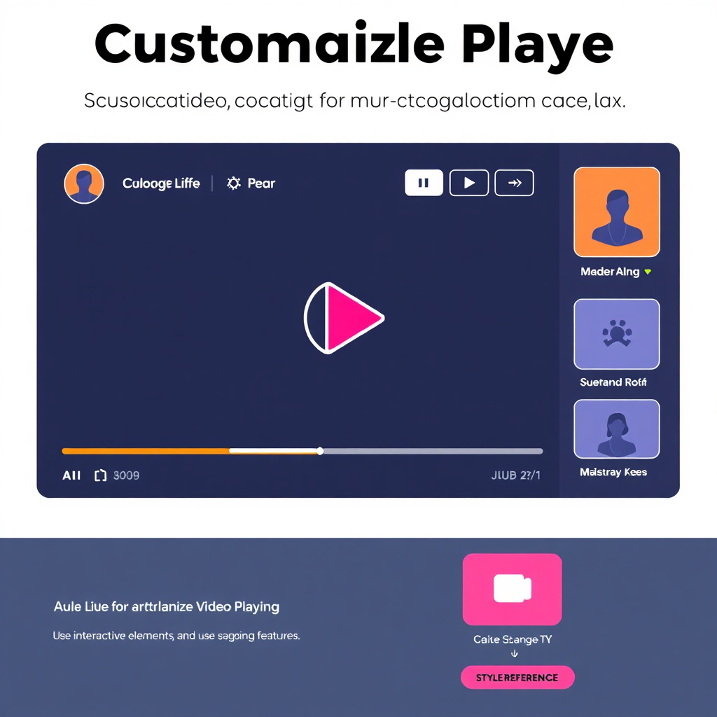 Create a digital illustration of a customizable video player interface. Use bright colors and clean lines. Include options for branding, interactive elements, and user engagement features. Style reference: Modern UI/UX design with a focus on customization and interactivity.