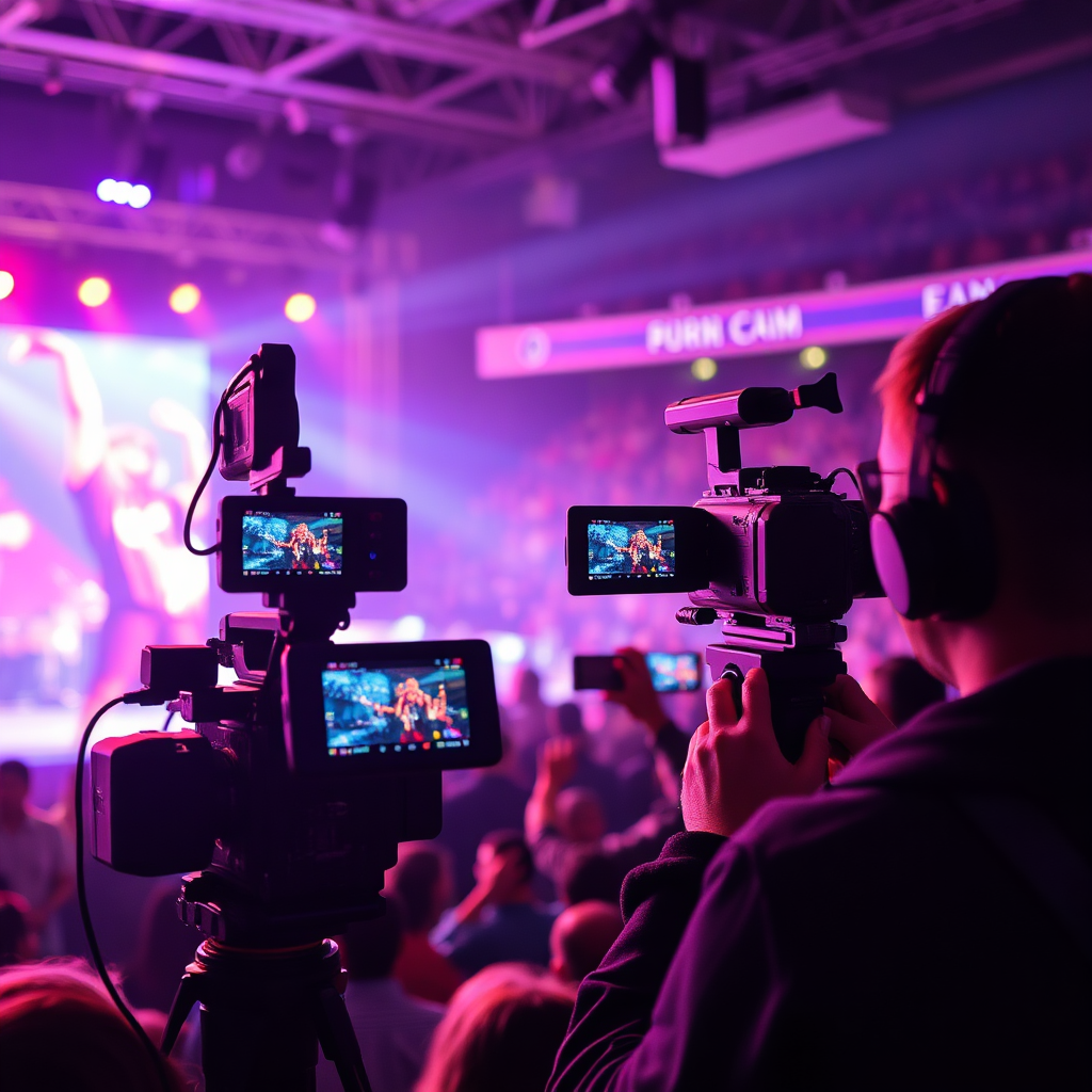 Create a dynamic image of an event being filmed. Show multiple cameras capturing the action. The lighting should be vibrant and energetic. Style reference: Concert or sports photography with a focus on capturing the excitement of live events.