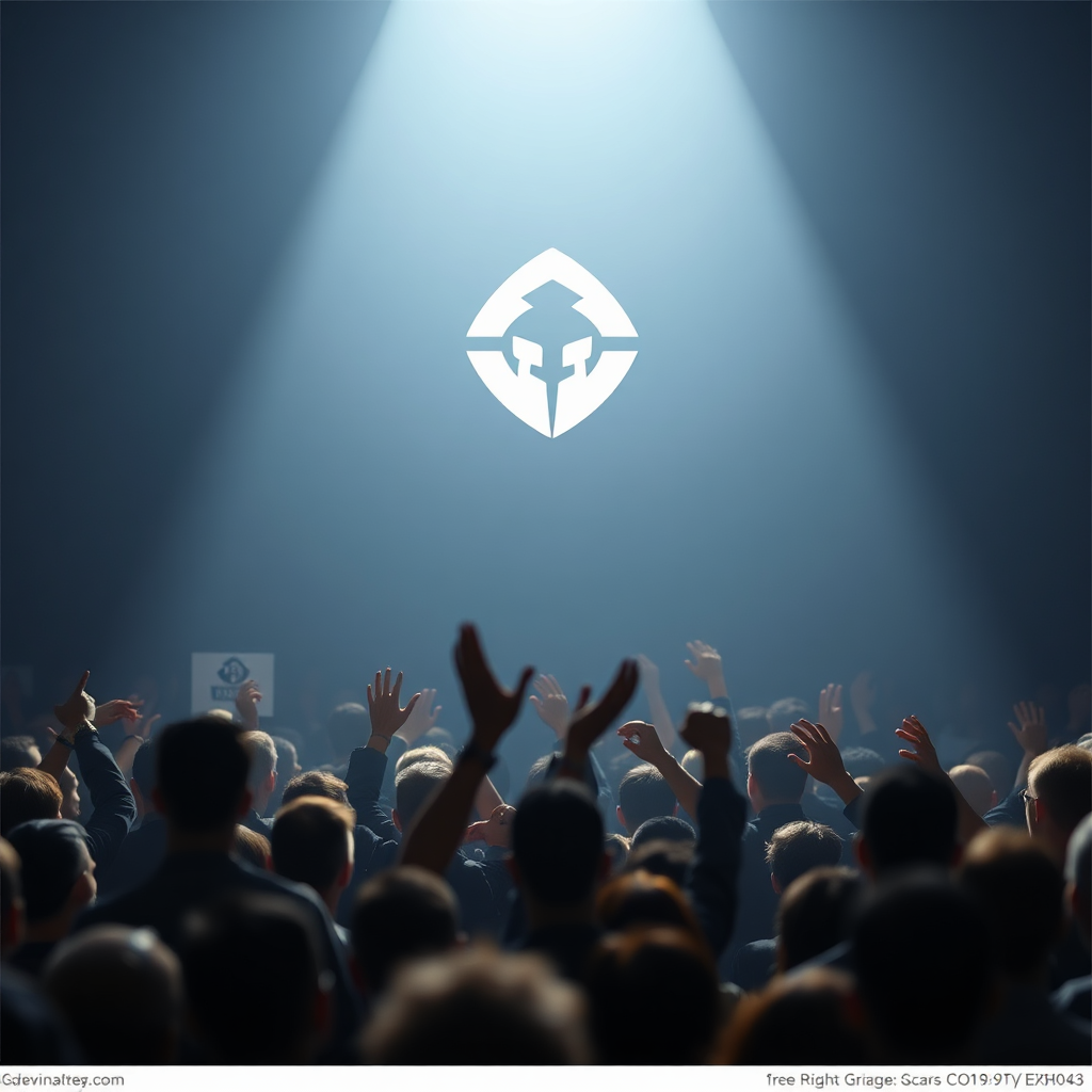Create a minimalist image of a company logo rising above a crowd. Symbolize brand elevation through high-quality video. The lighting should be bright and uplifting. The style reference is modern graphic design with a focus on simplicity and impact.