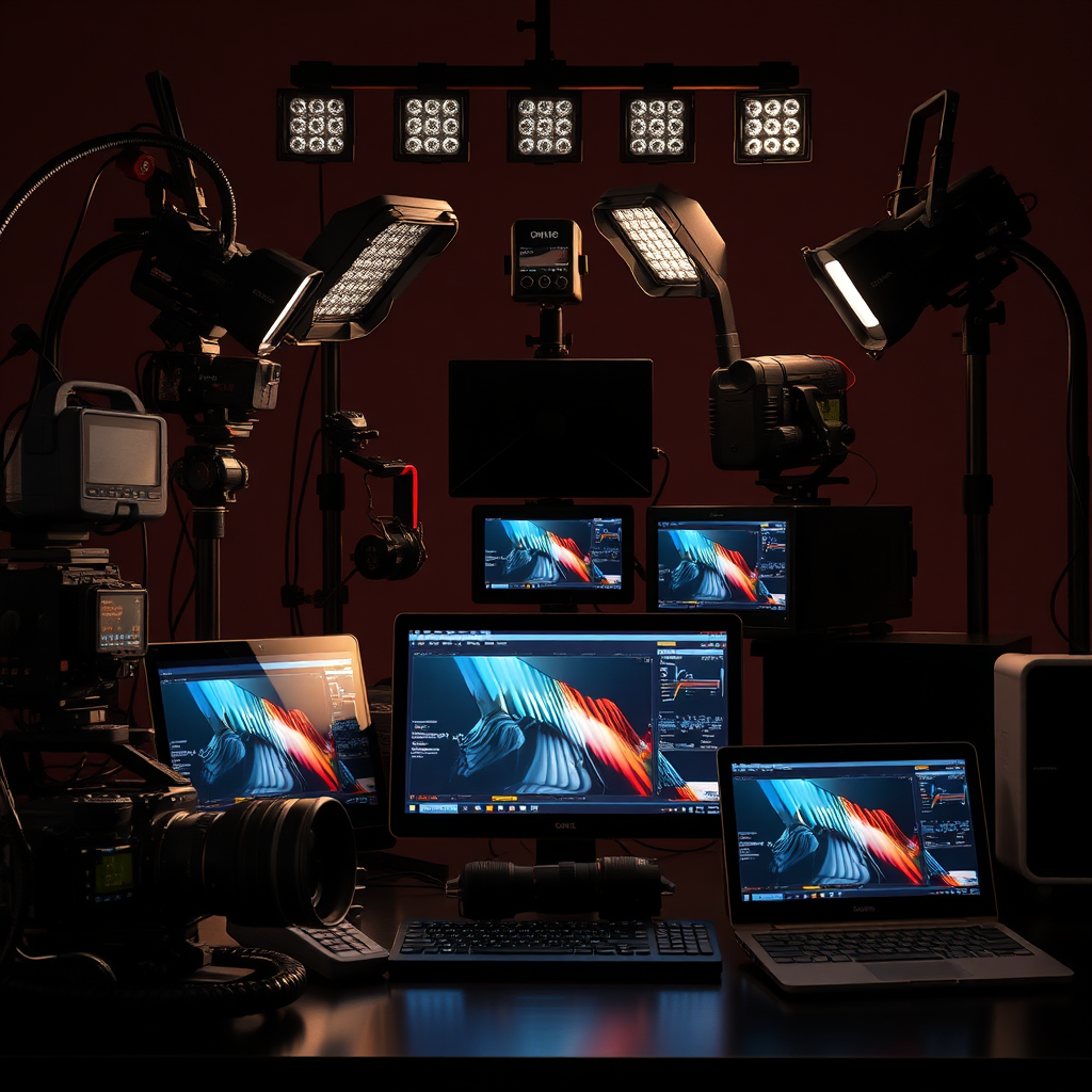 Create a photorealistic image of a collection of high-end video production equipment. Include cameras, lighting rigs, microphones, and editing software. The lighting should be dramatic. This will emphasize the sophistication and quality of the gear. Style reference: Product photography with a focus on detail and technical precision.