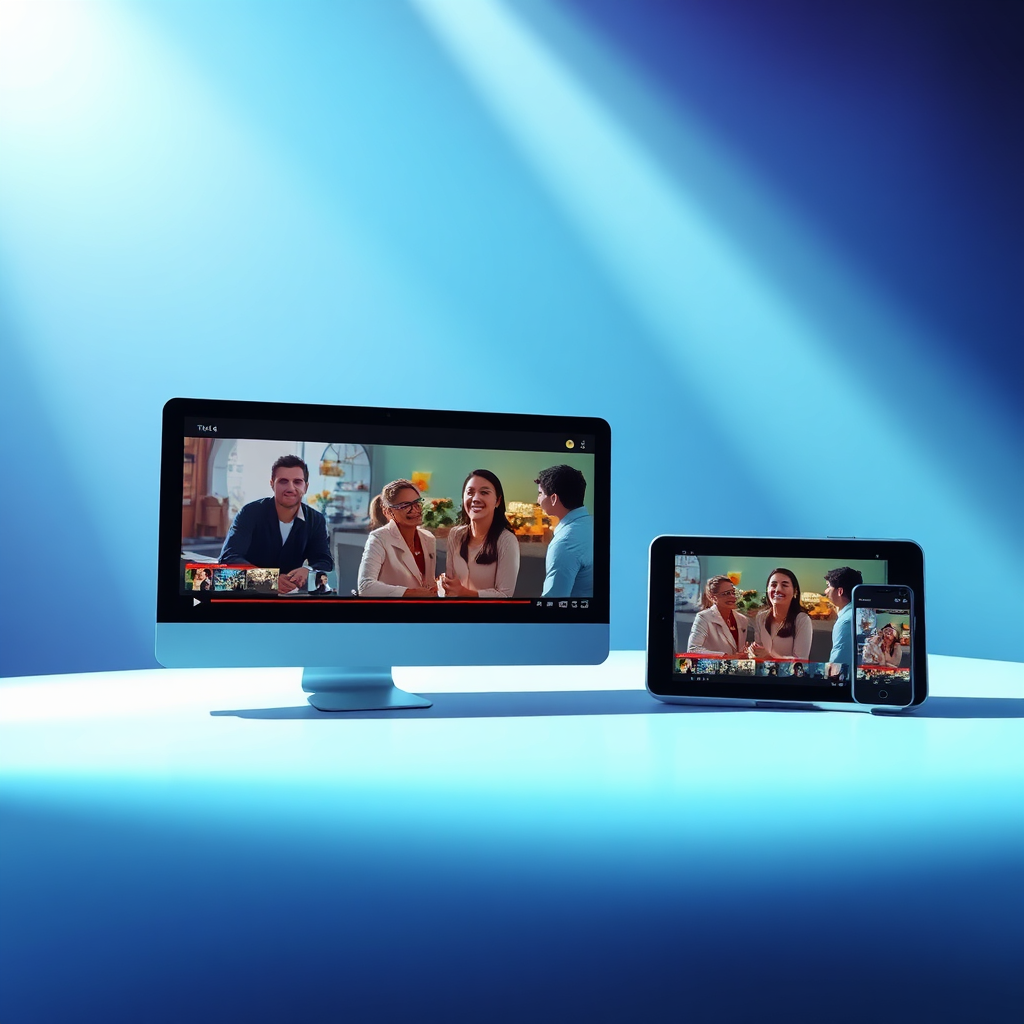 Create a photorealistic image of a marketing campaign featuring video content. Feature devices displaying videos and social media engagement metrics. The lighting should be dynamic and engaging. The style reference is advertising photography with a focus on impact and visual appeal.