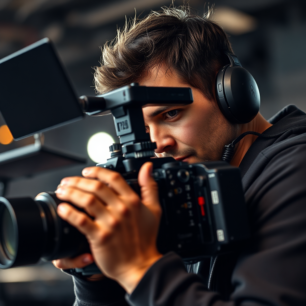 Create a photorealistic image that shows a professional videographer using a high-end camera on a film set. Focus should be on the camera and the videographer's focused expression. The lighting should highlight the equipment's details. Style reference: Modern cinematic photography with sharp focus and shallow depth of field.