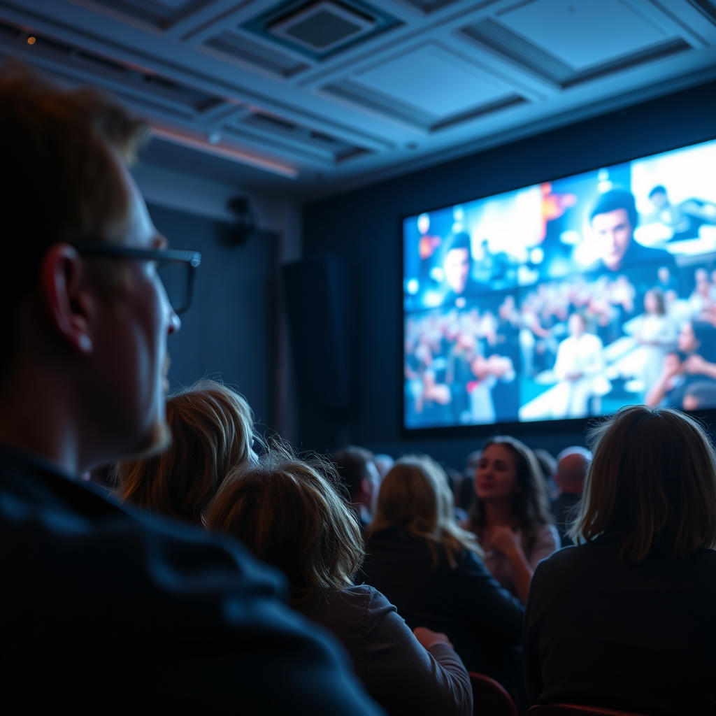 Create a photorealistic image of an audience watching a captivating video on a large screen. Capture their expressions of interest and engagement. The lighting should highlight the screen and the audience's reactions. Style reference: Documentary photography with a focus on human emotion and interaction.