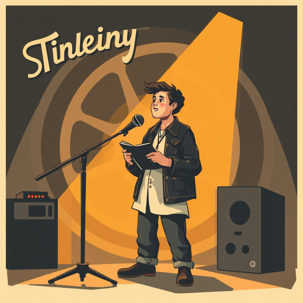 Create a stylized image of a person telling a story. They stand in front of a microphone, with a film reel in the background. Use warm, inviting colors. The scene should evoke a sense of nostalgia and storytelling. Style reference: Vintage poster art with a modern twist.