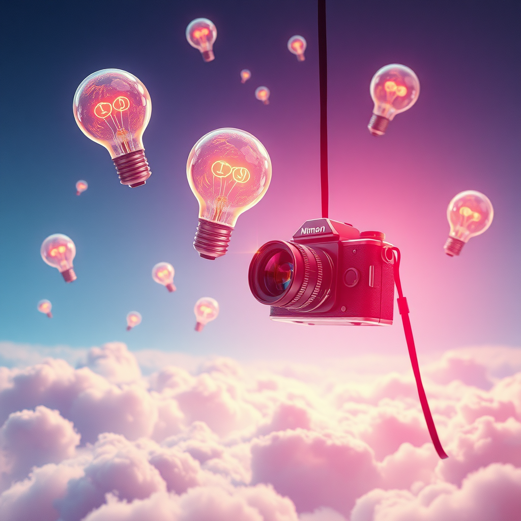 Create a surreal image of ideas floating in the air. They are being captured by a film camera. Use dreamlike lighting and vibrant colors to evoke a sense of creativity. Style reference: Surrealist art with a focus on imagination and transformation.