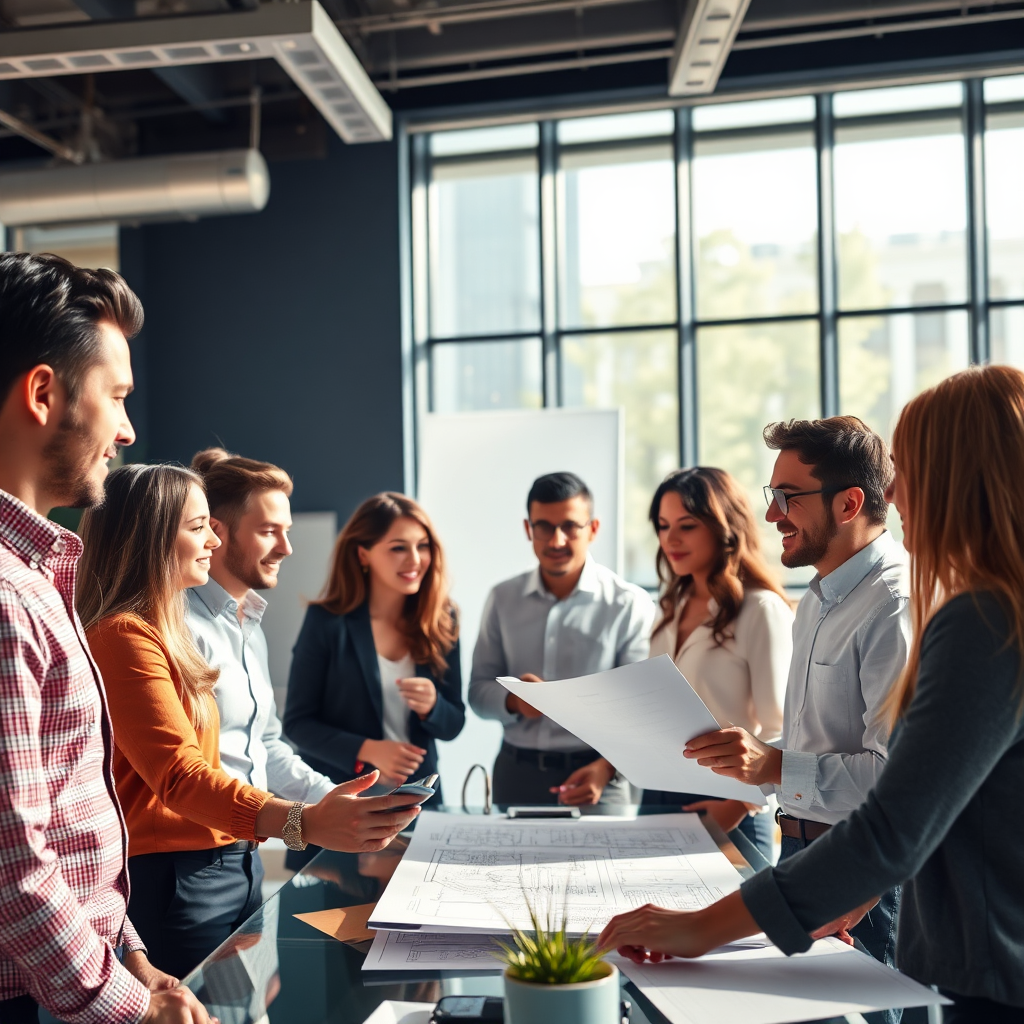 Create a photorealistic image of a diverse team of professionals collaborating in a modern office, emphasizing teamwork and communication. The lighting should be bright and natural, creating a positive and productive atmosphere. Include some architectural plans in the background.