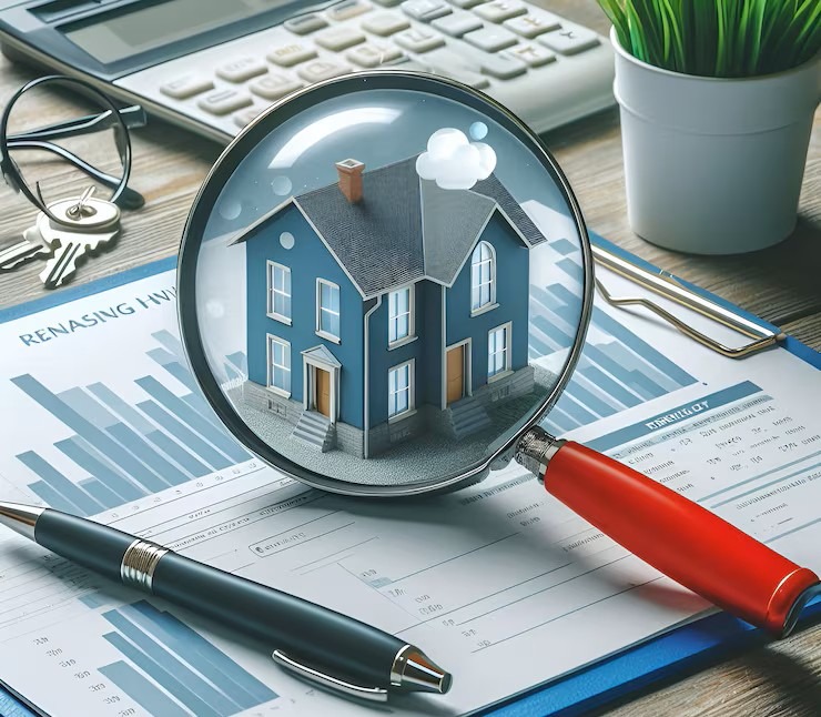 Create a photorealistic image of architectural plans laid out on a table, with a magnifying glass highlighting key details. The lighting should be focused and precise, emphasizing the importance of careful examination. Colors should be neutral earth tones with accents of blue and green. Texture details should emphasize the crispness of the plans and the clarity of the magnifying glass. Technical specs: 4K, photorealistic.
