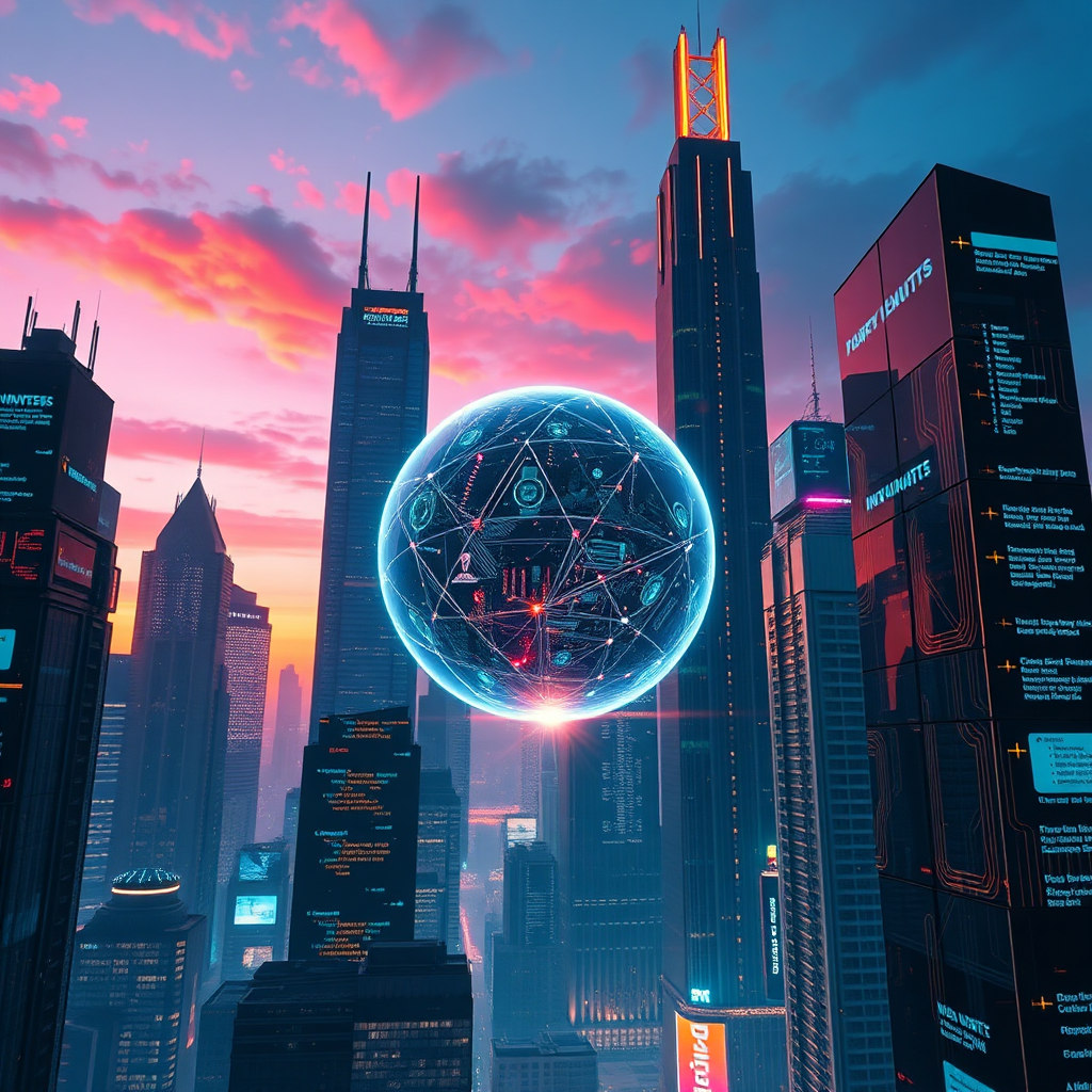 A breathtaking, photorealistic 8K resolution image representing the pinnacle of web development and design. The scene features a futuristic cityscape at dusk, with towering skyscrapers illuminated by vibrant digital displays showcasing sleek website interfaces and dynamic code snippets. The composition should emphasize the harmonious blend of artistry and technology. A central, glowing orb symbolizes innovation and connectivity, casting a soft, ethereal light on the surrounding environment. Include subtle details like intricate circuit patterns integrated into the building facades, reflecting the underlying complexity of web development. The color palette is a mix of deep blues, purples, and vibrant oranges, creating a sense of dynamism and sophistication. Shot from a low angle to emphasize the scale and grandeur of the city. The image should evoke a sense of cutting-edge technology, creativity, and the boundless potential of the digital world, inspired by 'Blade Runner 2049' and modern tech aesthetics.