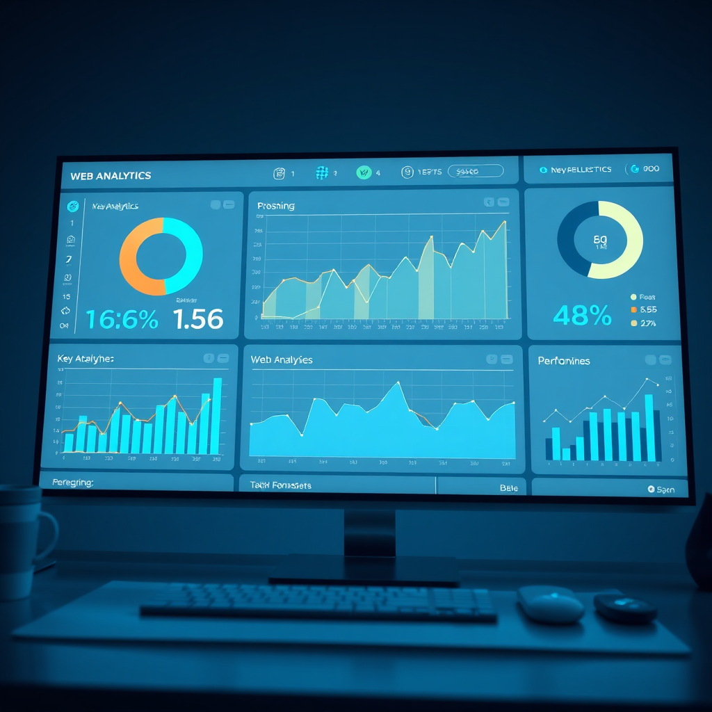 A photorealistic image depicting a dashboard displaying web analytics data, including charts, graphs, and key performance indicators (KPIs). The dashboard is clean, modern, and easy to understand. The scene should convey a sense of data-driven decision-making and performance tracking. The lighting should be professional and highlight the details of the dashboard. The color palette should be cool and professional, with a focus on data visualization. The image should represent the importance of analytics and reporting in web development and design to track performance and make informed decisions. Inspired by data visualization and business intelligence visuals.