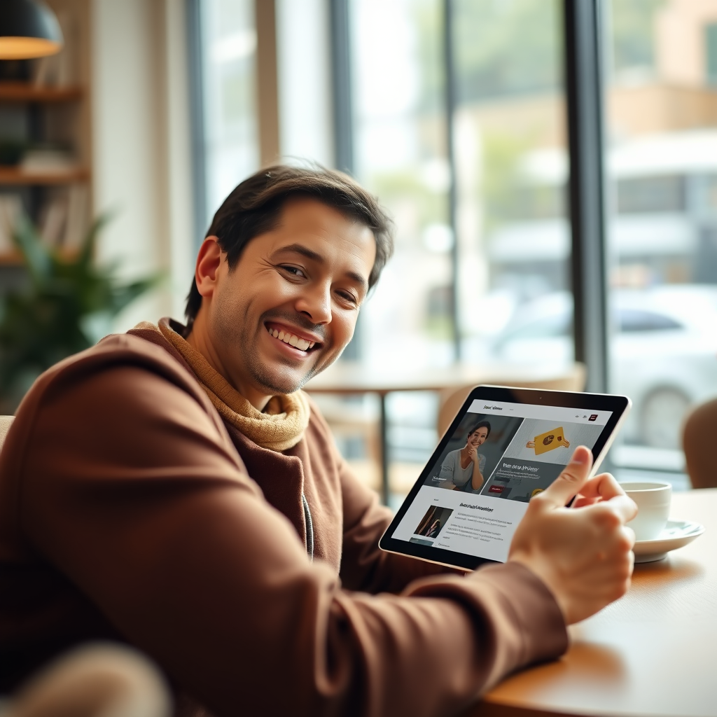  A photorealistic image depicting a user interacting with a website on a tablet. The user is smiling and appears engaged. The website's interface is clean, modern, and easy to navigate. The scene should be well-lit and feature a comfortable, inviting setting, such as a coffee shop or a home office. The image should convey a sense of ease and enjoyment while using the website. Use a shallow depth of field to keep the focus on the user and the tablet screen. The color palette should be warm and inviting, with a focus on accessibility and visual clarity. Inspired by user experience design photography, emphasizing ease of use and user satisfaction.