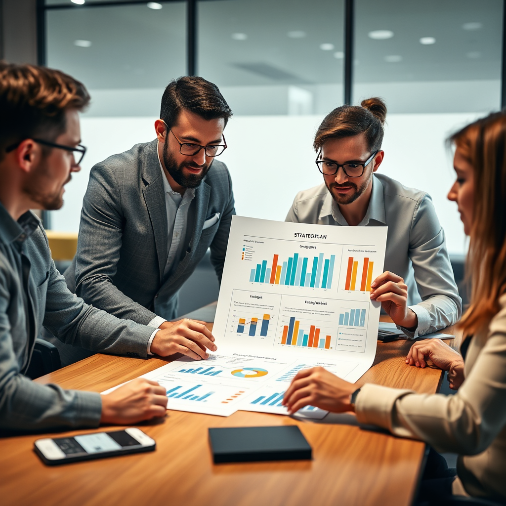 A photorealistic image depicting a team of professionals collaborating around a table, reviewing a strategic plan document. The document includes charts, graphs, and key performance indicators (KPIs). The scene should convey a sense of focus, collaboration, and strategic thinking. The lighting should be professional and highlight the details of the plan. The color palette should be warm and inviting, with a focus on trust and collaboration. The image should represent the importance of strategic planning in web development and design to achieve measurable results. Inspired by business strategy and planning visuals.