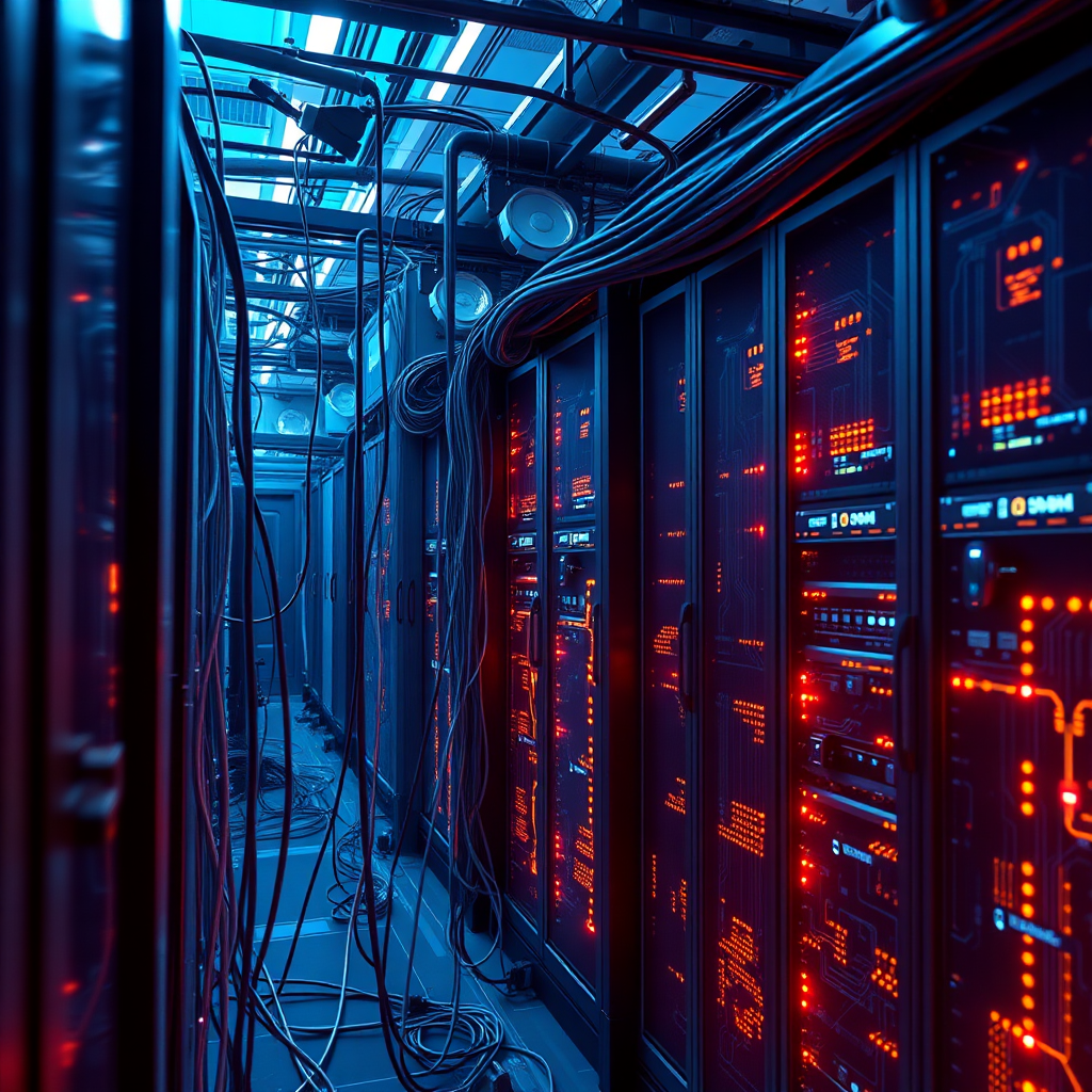 A photorealistic image representing the robust architecture of back-end web development. The scene features a network of interconnected servers and data centers, with glowing cables and complex circuit patterns. The composition should convey a sense of reliability, security, and scalability. The color palette should be cool and professional, with a focus on blues, grays, and silvers. The lighting should be subtle and emphasize the depth and complexity of the network. This image aims to represent the solid foundation provided by back-end solutions for a successful online presence. Inspired by network infrastructure and data center visuals.