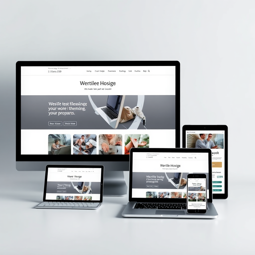  A photorealistic image showcasing a website displayed simultaneously on various devices: a desktop computer, a laptop, a tablet, and a smartphone. The website should seamlessly adapt to each screen size, demonstrating its responsiveness. The devices should be arranged in an aesthetically pleasing composition, highlighting the consistent design across all platforms. The lighting should be soft and even, minimizing glare and reflections. The color palette should be consistent across all devices, reinforcing the unified user experience. This image aims to represent the importance of responsive web design in providing a consistent user experience across different devices and screen sizes. Inspired by modern web design trends.
