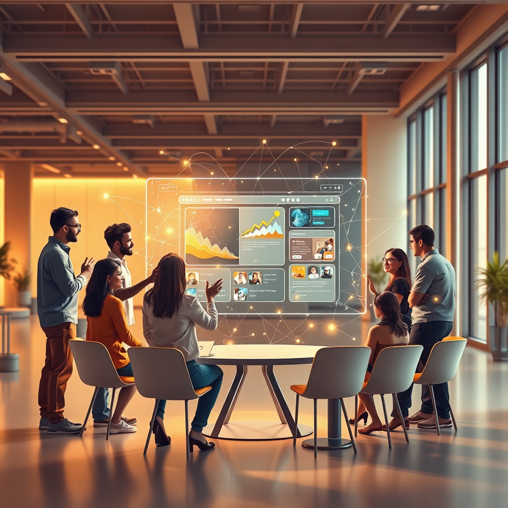 A stylized 4K resolution image representing the core values of JARIXTONE: innovation, collaboration, and creativity in web development and design. The scene depicts a group of diverse individuals collaborating around a large, interactive holographic display showcasing a dynamic website interface. The environment is a modern, open-plan office space filled with natural light. The color palette consists of warm, inviting tones like gold, amber, and subtle greens, fostering a sense of harmony and teamwork. The composition should emphasize the collaborative spirit and the seamless integration of design and technology. Stylistically inspired by modern tech company visuals with a touch of artistic flair. Include subtle details such as glowing lines connecting the individuals to the holographic display, symbolizing the flow of ideas and the power of teamwork in creating exceptional web experiences.