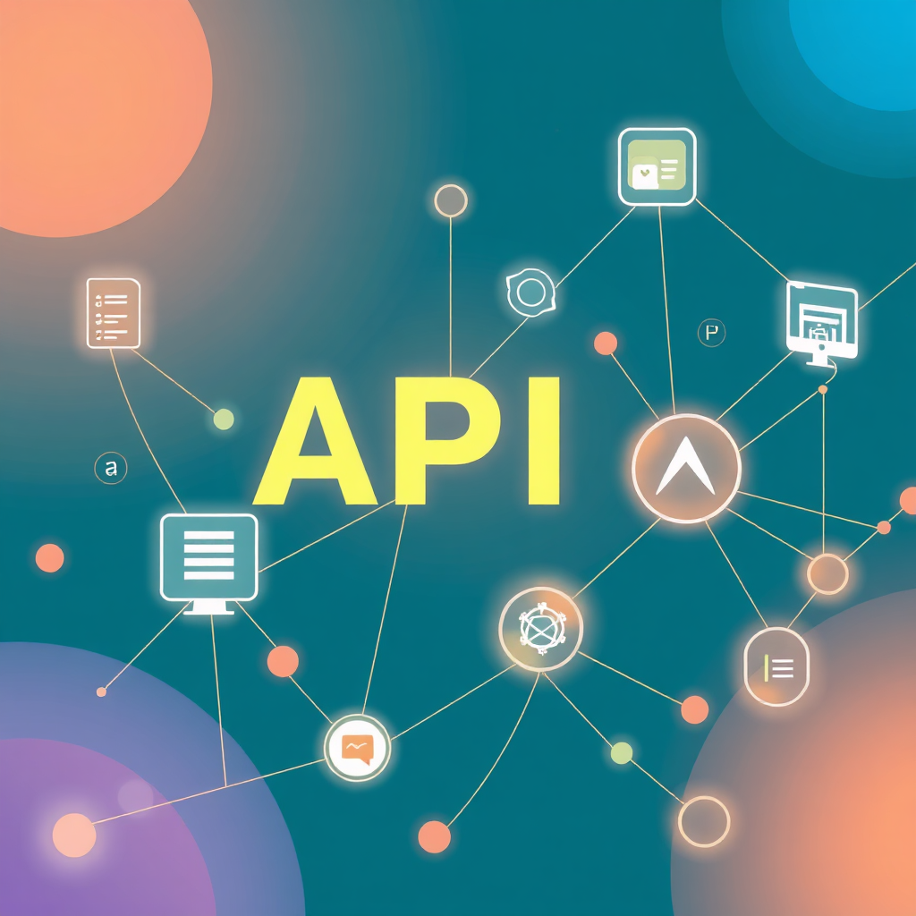 A stylized image representing the seamless integration of APIs in web development. The scene features abstract lines and shapes connecting different software applications and data sources, creating a unified and efficient system. The composition should convey a sense of connectivity, interoperability, and data flow. The color palette should be bright and harmonious, with a focus on connectivity and integration. The lighting should be dynamic and emphasize the flow of data between different systems. This image aims to represent the power of API integrations in enhancing functionality and streamlining processes in web development. Inspired by modern software design aesthetics.