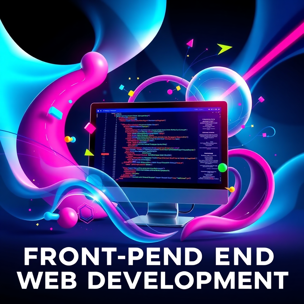 A stylized image representing the cutting-edge of front-end web development. The scene features abstract shapes and vibrant colors swirling around a central computer screen displaying dynamic code snippets and animated user interface elements. The composition should convey a sense of innovation, creativity, and technological advancement. The color palette should be bold and futuristic, with a focus on neon colors and gradients. The lighting should be dramatic and emphasize the movement and energy of the scene. This image aims to represent the dynamic and innovative nature of front-end web development, with a focus on user engagement and brand elevation. Inspired by modern design trends and futuristic tech aesthetics.
