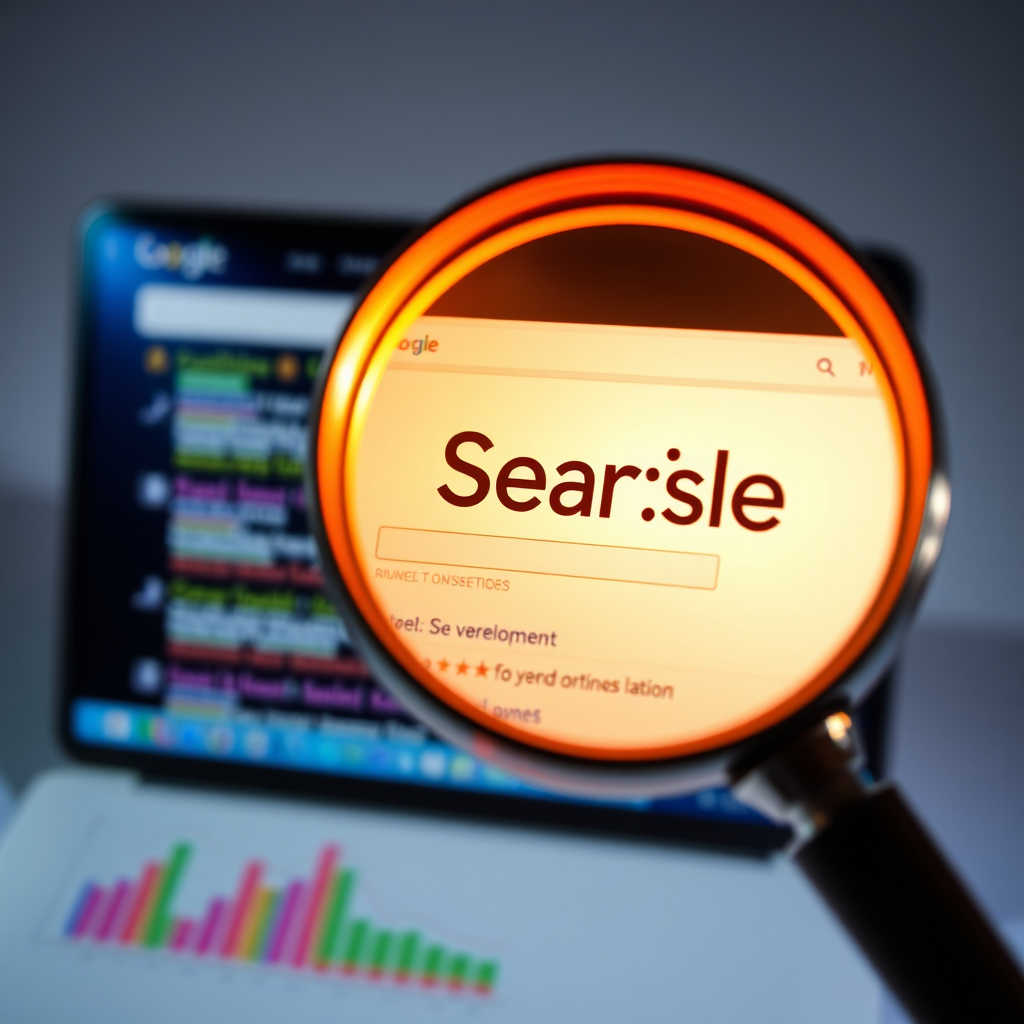 A stylized image representing SEO optimization in web development. The scene features a magnifying glass focusing on a website appearing in search engine results. The website is highlighted with a glowing effect, indicating its high ranking. The composition should convey a sense of visibility, optimization, and success. The color palette should be bright and engaging, with a focus on search engine results and website visibility. The lighting should be dramatic and emphasize the focus on the website. This image aims to represent the importance of SEO optimization in driving organic traffic to your online presence. Inspired by search engine and marketing visuals.