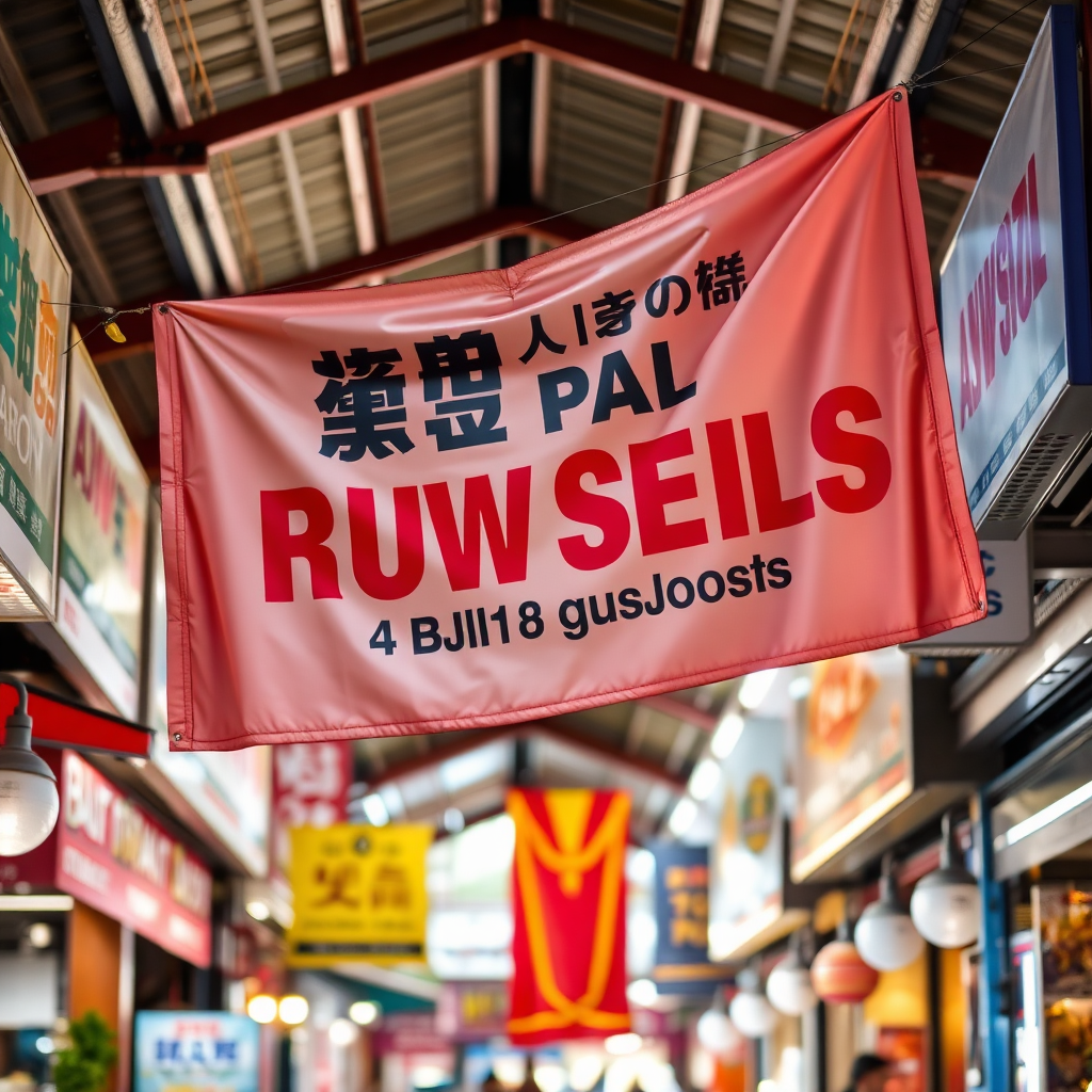 A banner hanging in a bustling marketplace, advertising a local business. The banner is visually appealing and informative, attracting potential customers. The color palette is bright and eye-catching, with a focus on visual impact. The lighting is natural and vibrant, showcasing the banner in its environment. The camera angle is a medium shot, capturing the banner in its context. Texture details include the durable material of the banner and the crisp details of the print. The style is photorealistic, conveying a sense of quality and effectiveness.