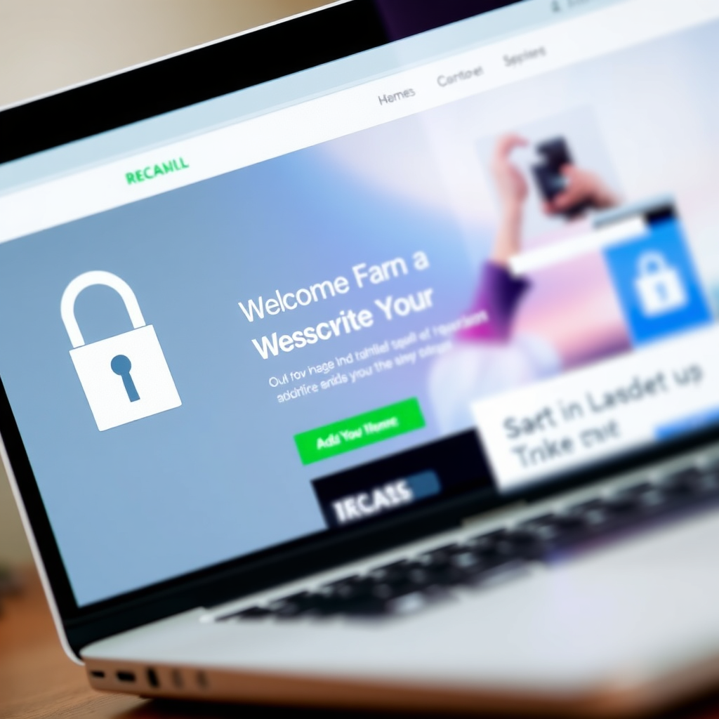 A clean and modern website design displayed on a laptop screen, with a secure lock icon visible in the corner. The website is visually appealing and user-friendly. The color palette is clean and professional. The camera angle is a close-up shot, emphasizing the design of the website.