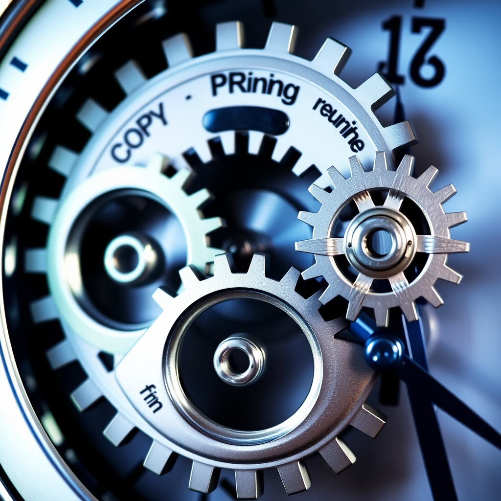 A clock with gears turning, each gear representing a different service offered by Post Link Margate: copying, printing, courier, web design, internet access. The gears are interlocking and moving smoothly, symbolizing efficiency and integration. The color palette is metallic and modern, with hints of blue and green. The lighting is focused and dramatic, highlighting the movement of the gears. The camera angle is a close-up shot, capturing the intricate details of the gears. Texture details include the polished surfaces of the gears and the fine lines of the clock face. The style is stylized and symbolic, conveying a sense of precision and efficiency.