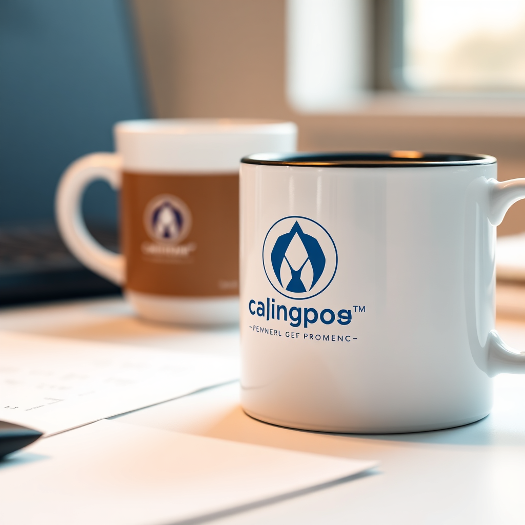 A close-up of a custom-printed mug with a company logo, sitting on a desk with a cup of coffee. The mug is visually appealing and professional, reflecting the company's brand. The color palette is corporate and clean, with a focus on professionalism. The lighting is soft and warm, creating a sense of comfort and familiarity. The camera angle is a close-up shot, emphasizing the design of the mug. Texture details include the smooth surface of the mug and the crisp details of the print. The style is photorealistic, conveying a sense of professionalism and branding.
