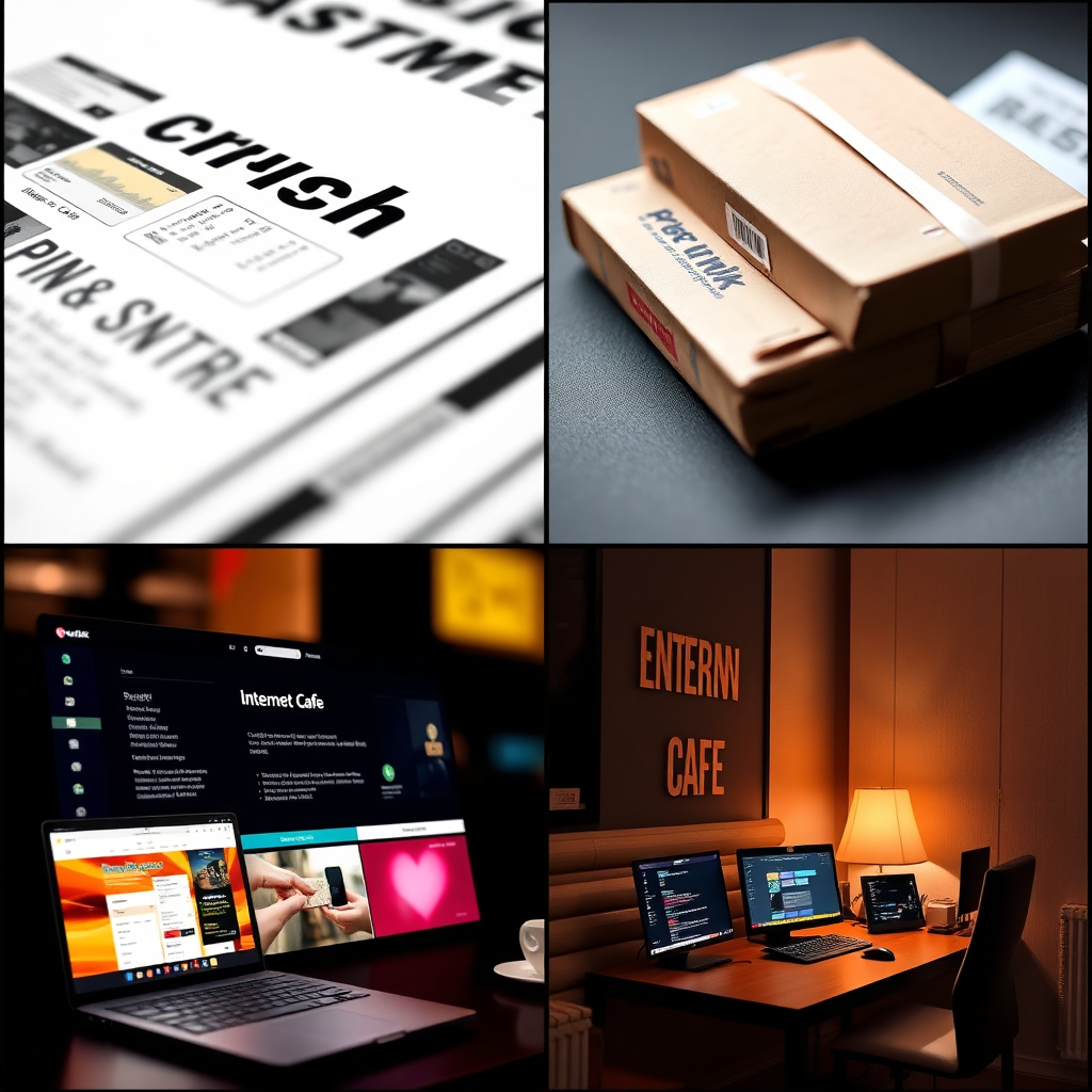 A collage of images representing the various services offered by Post Link Margate. Include close-ups of a high-quality print job, a secure package being prepared for shipping, a user-friendly website design interface, and a comfortable internet cafe setup. The color palette is vibrant and diverse, reflecting the range of services. The lighting is bright and even, showcasing the quality of each service. The camera angle is a dynamic mix of close-ups and medium shots. Texture details include the paper grain of the print, the cardboard texture of the package, the sharpness of the website interface, and the warm ambiance of the internet cafe. The style is photorealistic, with a focus on showcasing the professionalism and quality of each service.