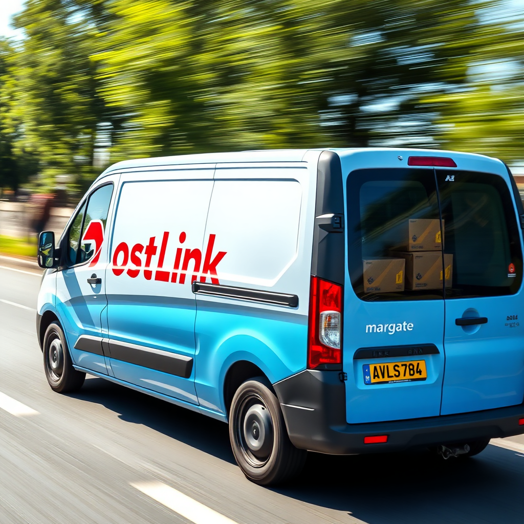 A courier van speeding down a road, with packages securely stored in the back. The van is branded with the Post Link Margate logo. The color palette is vibrant and energetic, with a focus on speed and reliability. The lighting is bright and sunny, conveying a sense of urgency and efficiency. The camera angle is a dynamic shot, capturing the van in motion. Texture details include the smooth surface of the van and the secure packaging of the items. The style is photorealistic, conveying a sense of speed and reliability.