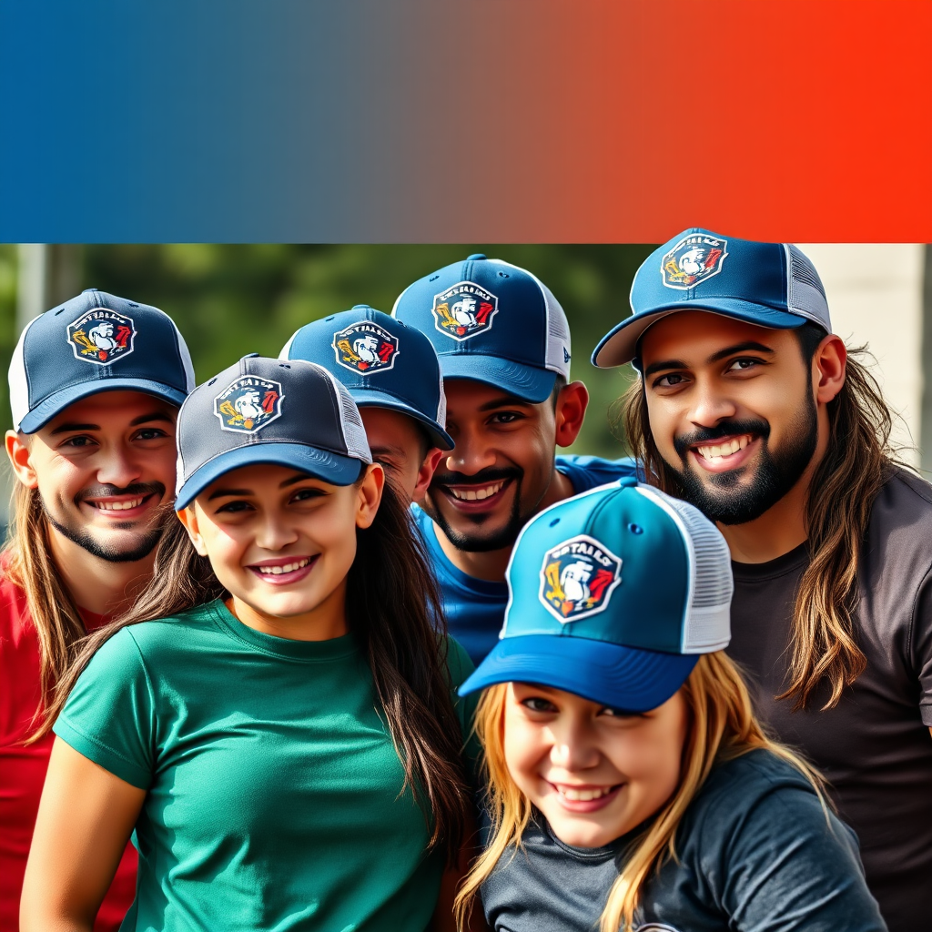 A group of people wearing custom-printed caps with a team logo, standing together and smiling. The caps are visually appealing and unified, reflecting the team's identity. The color palette is bright and energetic, with a focus on team spirit. The lighting is natural and vibrant, showcasing the caps in context. The camera angle is a group shot, capturing the team's camaraderie. Texture details include the durable material of the caps and the crisp details of the print. The style is photorealistic, conveying a sense of unity and professionalism.