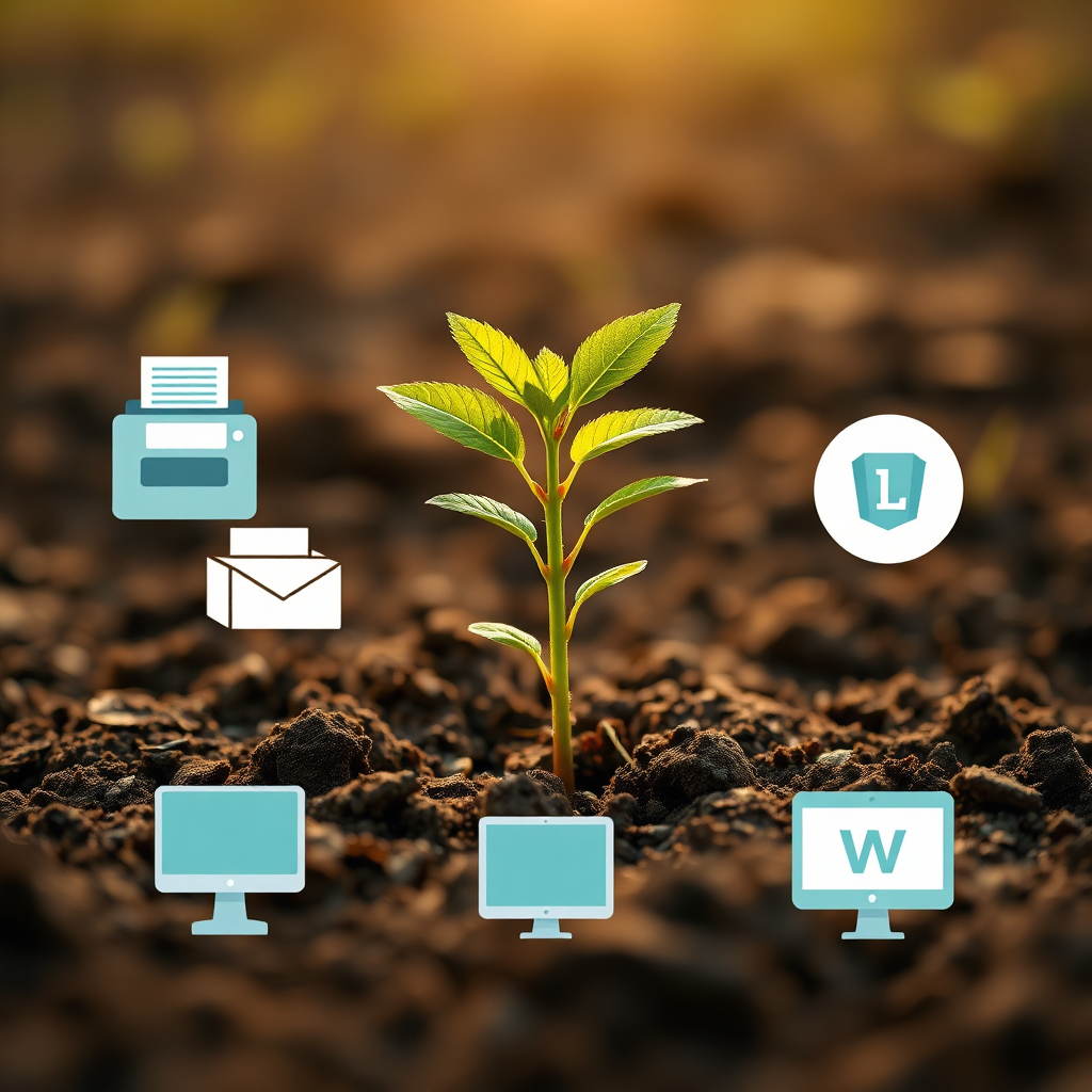 A growing sapling in fertile soil, representing the growth of a business. The sapling is surrounded by symbols of Post Link Margate's services: a printer, a package, a computer screen, and a website icon. The color palette is green and earthy, symbolizing growth and sustainability. The lighting is warm and natural, creating a sense of nurturing. The camera angle is a low-angle shot, emphasizing the sapling's potential. Texture details include the rich texture of the soil and the delicate leaves of the sapling. The style is photorealistic, conveying a sense of natural growth and potential.