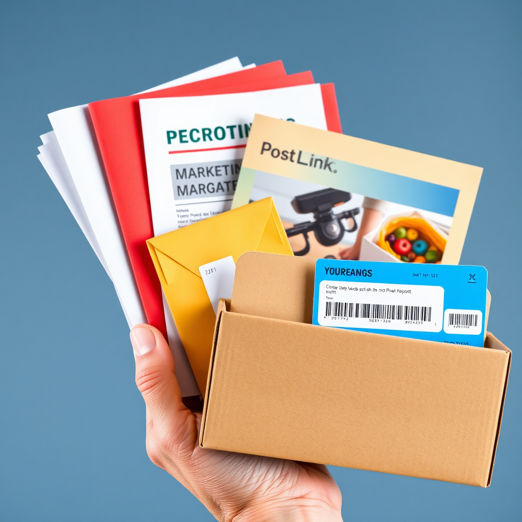 A hand holding a variety of documents and packages, representing the range of services offered by Post Link Margate. The documents include a printed report, a marketing brochure, and a shipping label. The packages include a small envelope and a larger box. The color palette is bright and diverse, reflecting the variety of services. The lighting is even and clear, showcasing the different items. The camera angle is a close-up shot, emphasizing the details of each item. Texture details include the paper grain of the documents and the cardboard texture of the packages. The style is photorealistic, conveying a sense of versatility and comprehensiveness.