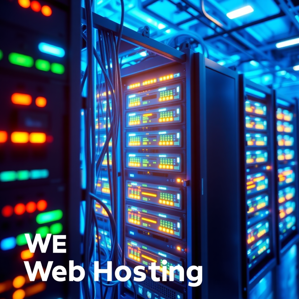 A network of servers glowing with activity, representing the reliability and security of web hosting. The servers are connected and humming with energy, symbolizing uptime and performance. The color palette is blue and futuristic, with a focus on technology and security. The lighting is dynamic and energetic, highlighting the activity of the servers. The camera angle is a wide shot, showcasing the scale of the network. Texture details include the metallic surfaces of the servers and the glowing lights of the network. The style is stylized and futuristic, conveying a sense of reliability and security.