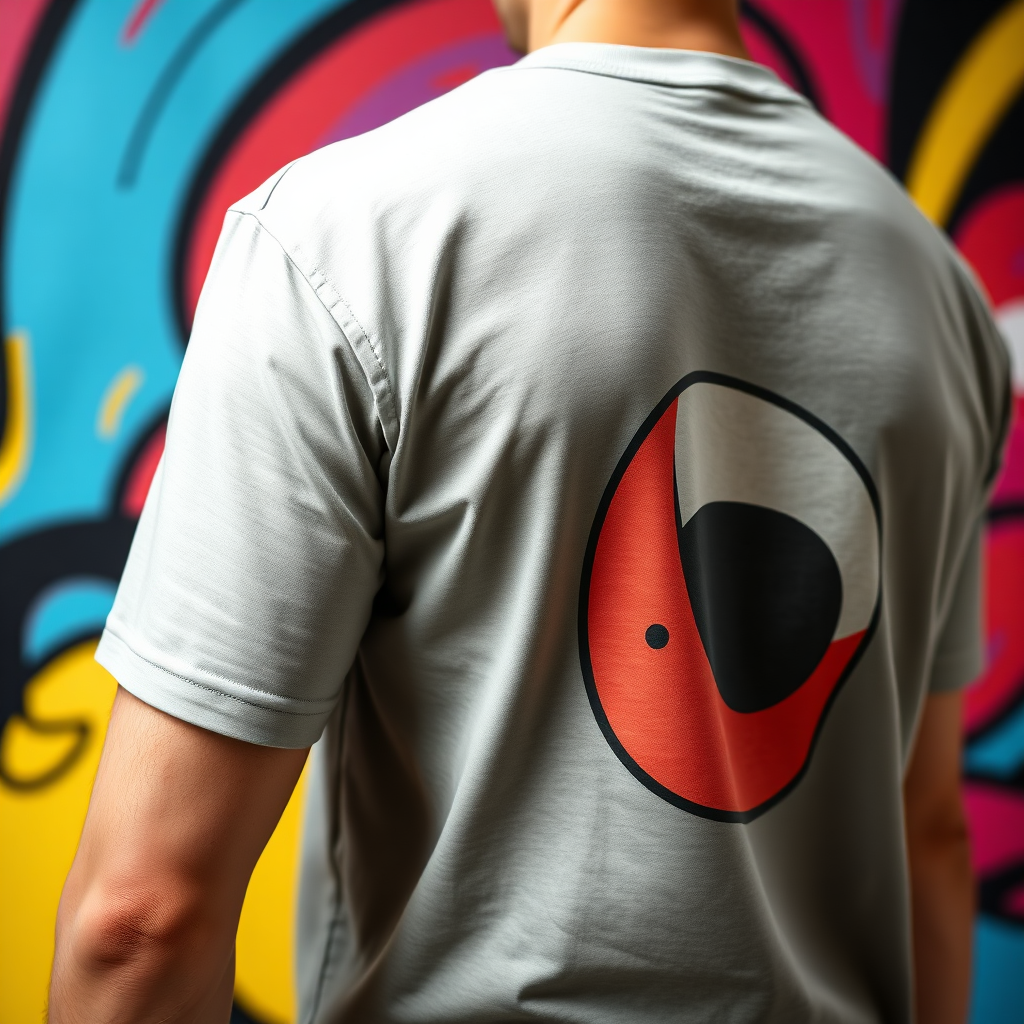 A person wearing a custom-printed t-shirt with a unique design, standing in front of a vibrant background. The t-shirt is visually appealing and personalized, reflecting the wearer's personality. The color palette is bright and expressive, with a focus on visual impact. The lighting is soft and even, showcasing the design of the t-shirt. The camera angle is a medium shot, capturing the t-shirt in context. Texture details include the soft fabric of the t-shirt and the crisp details of the print. The style is photorealistic, conveying a sense of personalization and style.