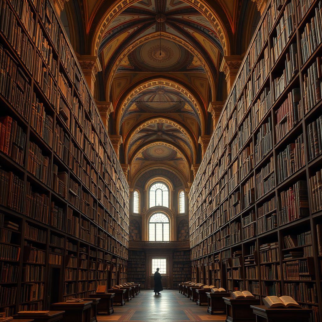  A photorealistic depiction of ISBI’s expansive library with towering shelves filled with ancient theological books. The architecture features ornate arches, warm lighting, and quiet reading nooks. A scholar is subtly visible, engrossed in study. The color palette focuses on warm, inviting tones. Style reference: Baroque libraries, Renaissance scholarly settings. Technical specs: 4K resolution, high quality, meticulous detail.