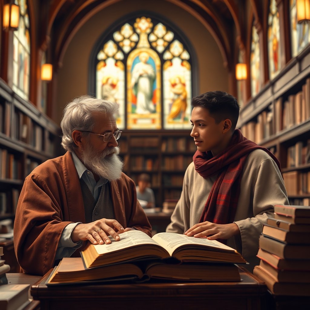 A serene image capturing the essence of ISBI's commitment to spiritual growth. Picture a diverse group of students engaged in a lively discussion with a professor in a sunlit courtyard. The courtyard is adorned with lush greenery, symbolizing growth and renewal. The professor is facilitating the discussion with a gentle smile, encouraging students to share their insights. The students are actively listening and participating, their faces reflecting curiosity and understanding. The color palette should be bright and inviting, with tones of green, yellow, and blue. Use a wide-angle lens to capture the entire scene, emphasizing the sense of community and collaboration. Pay close attention to details, such as the expressions on the faces of the students and professor, the texture of the plants, and the architectural details of the courtyard. Style: Inspired by Impressionist paintings of outdoor gatherings. Technical specs: 4K resolution, high quality, wide-angle lens.