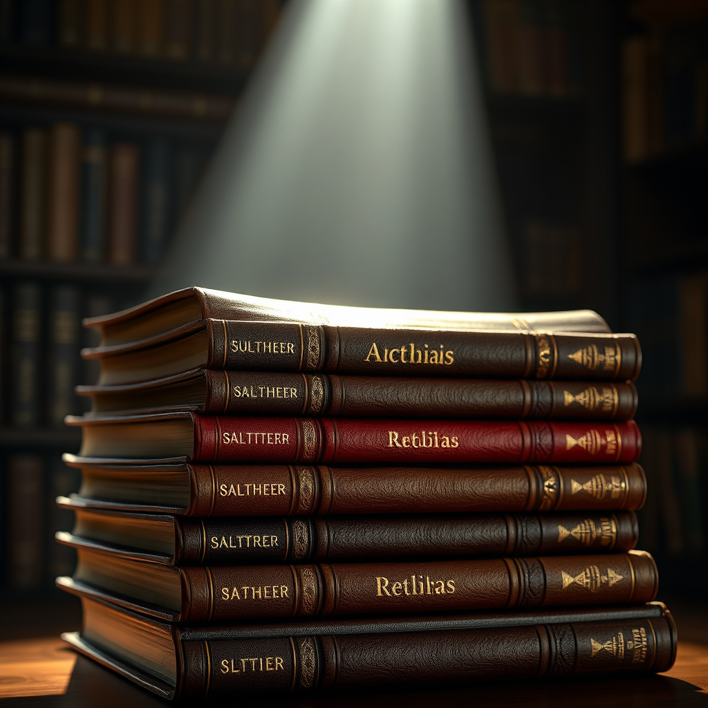 A photorealistic image depicting a stack of antique, leather-bound books illuminated by a single beam of light. The light should highlight the gold lettering on the spines and the textures of the aged leather. The background should be dark and out of focus, creating a sense of mystery and importance. Style: Inspired by classical library photography. Technical specs: 4K resolution, high quality, dramatic lighting.
