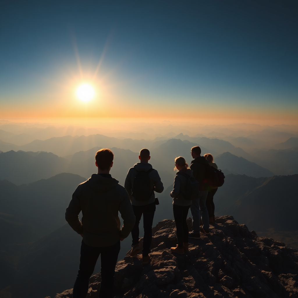 A photorealistic image depicting a group of people standing at the summit of a mountain, looking out at a vast and inspiring landscape. One person is slightly ahead of the others, acting as a leader. The lighting is dramatic, with the sun rising in the background. The color palette is vibrant and inspiring. Style: Inspired by adventure photography and leadership imagery. Technical specs: 4K resolution, high quality, dramatic lighting.