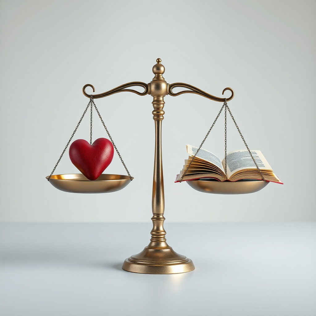  A photorealistic image depicting a set of scales, perfectly balanced. On one side of the scales is a heart, representing compassion. On the other side is a book, representing knowledge and wisdom. The lighting is soft and balanced, highlighting the symmetry of the image. The color palette is clean and neutral, with a sense of harmony and equilibrium. Style: Inspired by classic still life photography. Technical Specs: 4K resolution, high quality, balanced lighting.