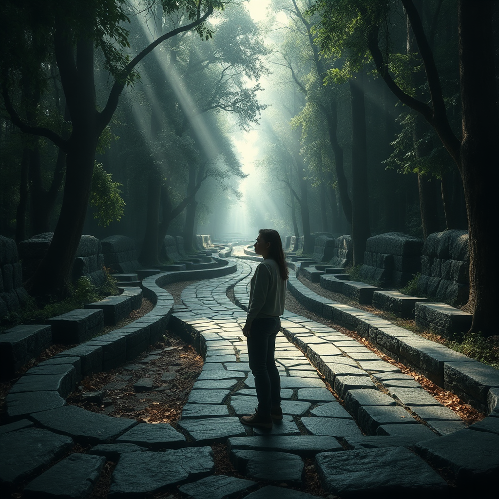  A photorealistic image of a person contemplating a labyrinthine path. The path is made of ancient stone and winds its way through a dense forest. The person is standing at the entrance, looking ahead with a thoughtful expression. The lighting is dramatic, with shafts of sunlight piercing through the trees. The color palette is muted and atmospheric, with shades of gray, green, and brown. Style: Inspired by mystery and adventure photography. Technical Specs: 4K resolution, high quality, dramatic lighting.