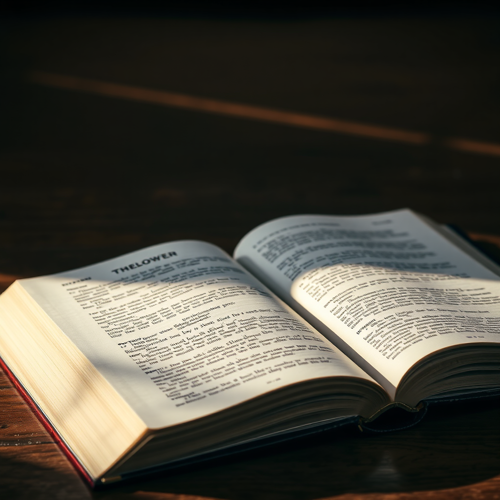A photorealistic image of an open Bible resting on a wooden table. The pages are gently illuminated by a soft light. The words on the page are clear and legible. The Bible appears well-worn and loved, suggesting a life of devotion and study. Style: Inspired by classical still life photography. Technical specs: 4K resolution, high quality, soft lighting.