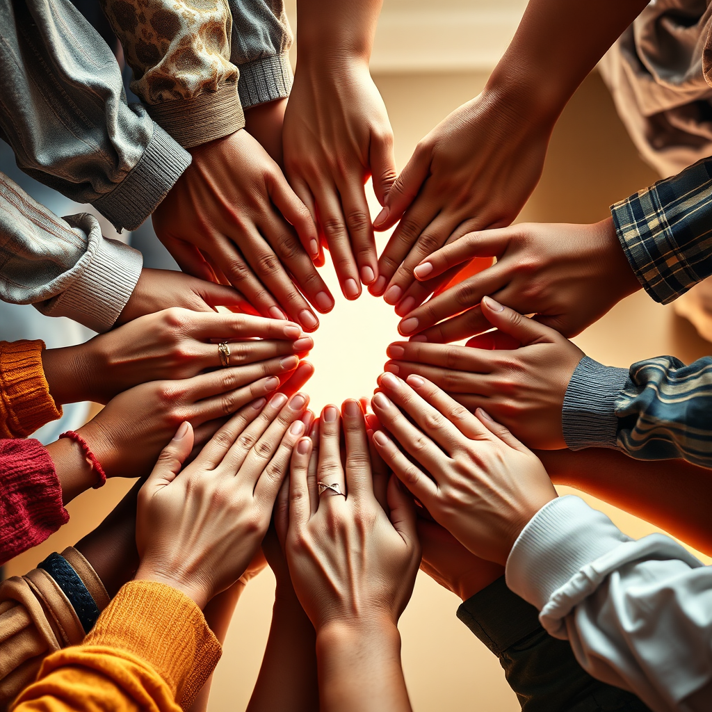 A photorealistic image showing diverse hands reaching out to help each other, forming a supportive circle. The hands are of different ages, ethnicities, and backgrounds, representing the diverse community that theological studies serves. The lighting is warm and inviting, creating a sense of unity and compassion. Style: Inspired by documentary photography and social activism. Technical specs: 4K resolution, high quality, natural lighting.
