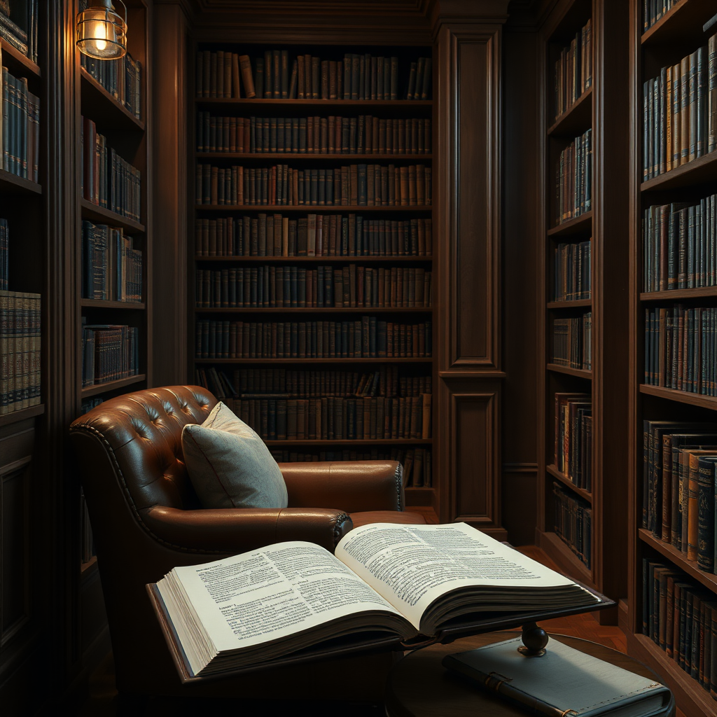 A photorealistic, peaceful scene depicting a secluded reading nook within the library, with a comfortable armchair, soft lighting, and an open book resting on a small table. Subtle textures of leather, wood, and parchment. Style: Interior design, serene and inviting ambiance. Technical specs: 4K, hyperrealistic, cinematic composition.