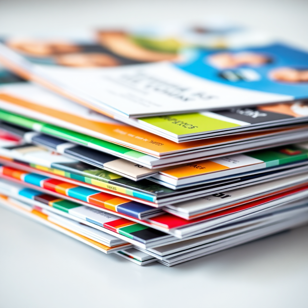 A stack of beautifully printed marketing materials, including brochures, flyers, and business cards. The materials are visually appealing and professionally designed. The color palette is bright and eye-catching, with a focus on visual impact. The lighting is soft and even, showcasing the quality of the prints. The camera angle is a close-up shot, emphasizing the details of the designs. Texture details include the smooth surface of the paper and the crisp details of the prints. The style is photorealistic, conveying a sense of quality and professionalism.